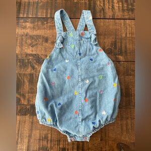 Baby Boden Chambray Overalls Romper with Embroidered Hearts size 12-18 months